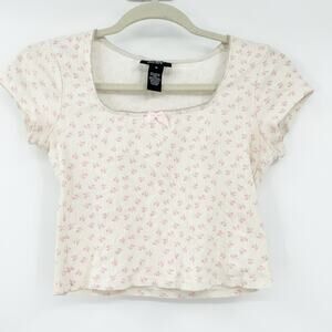 Just Polly Womens‎ Coquette Square Neck Bow Print Baby Tee Crop Top Size M Pink